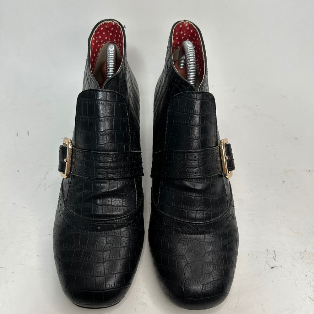 BAIT Madeline Mod Bootie Black Croc Embossed Monk Strap Ankle Boots Retro Size 7 - Picture 4 of 11